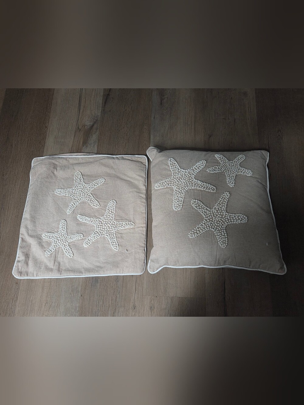 Beige Starfish Embroidered Throw Pillow Cover - Beach Cottage Coastal Gma B1J